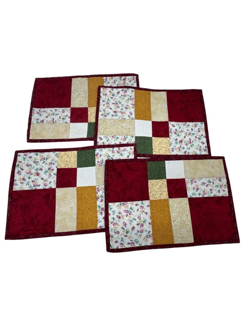 Lot Of 4 Vintage Handmade Patchwork Floral Quilted Placemats Cottage Table Decor